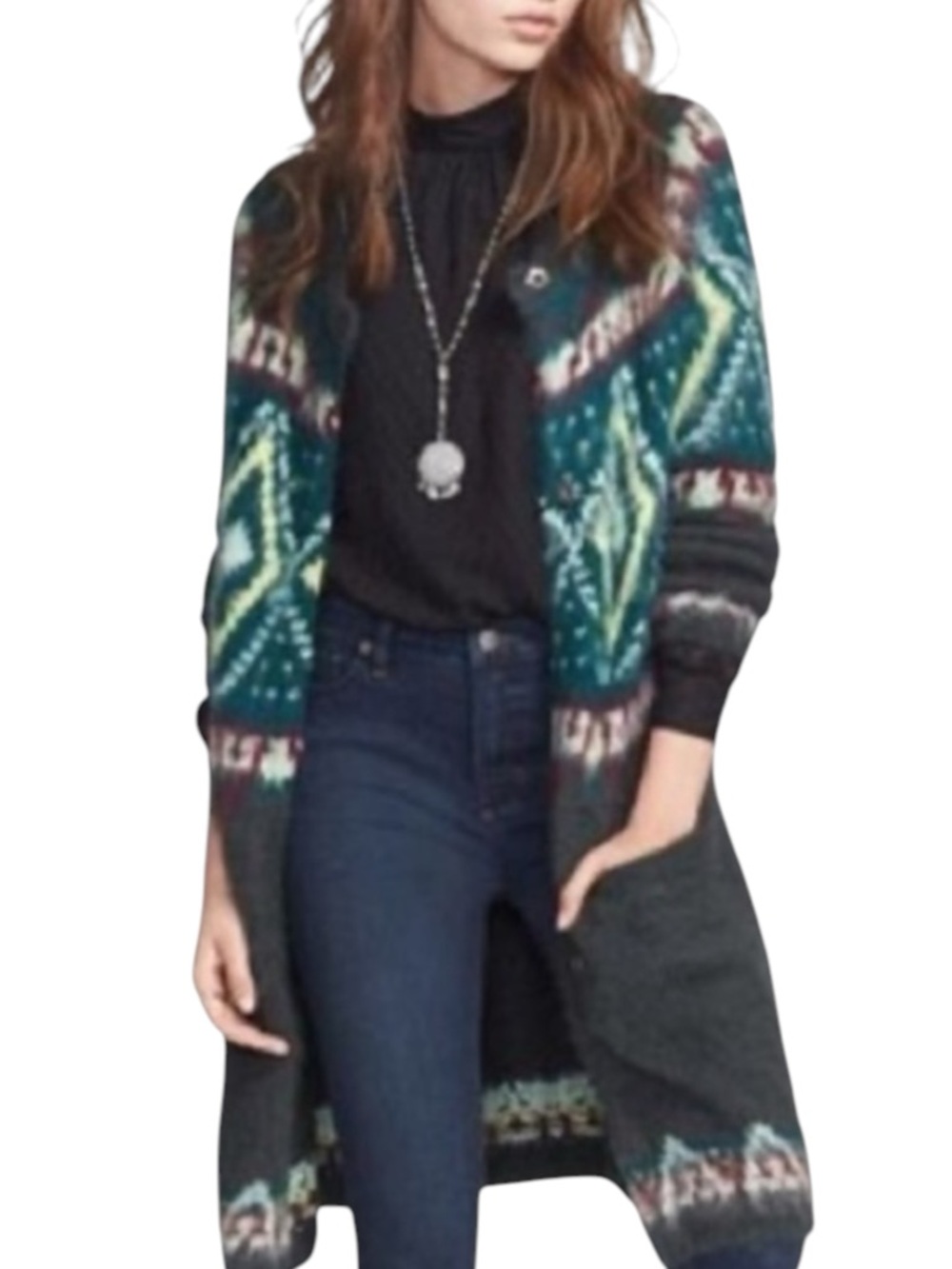 FREE PEOPLE Fair Isle Boho Wool Blend Long Cardigan Sweater Size XS